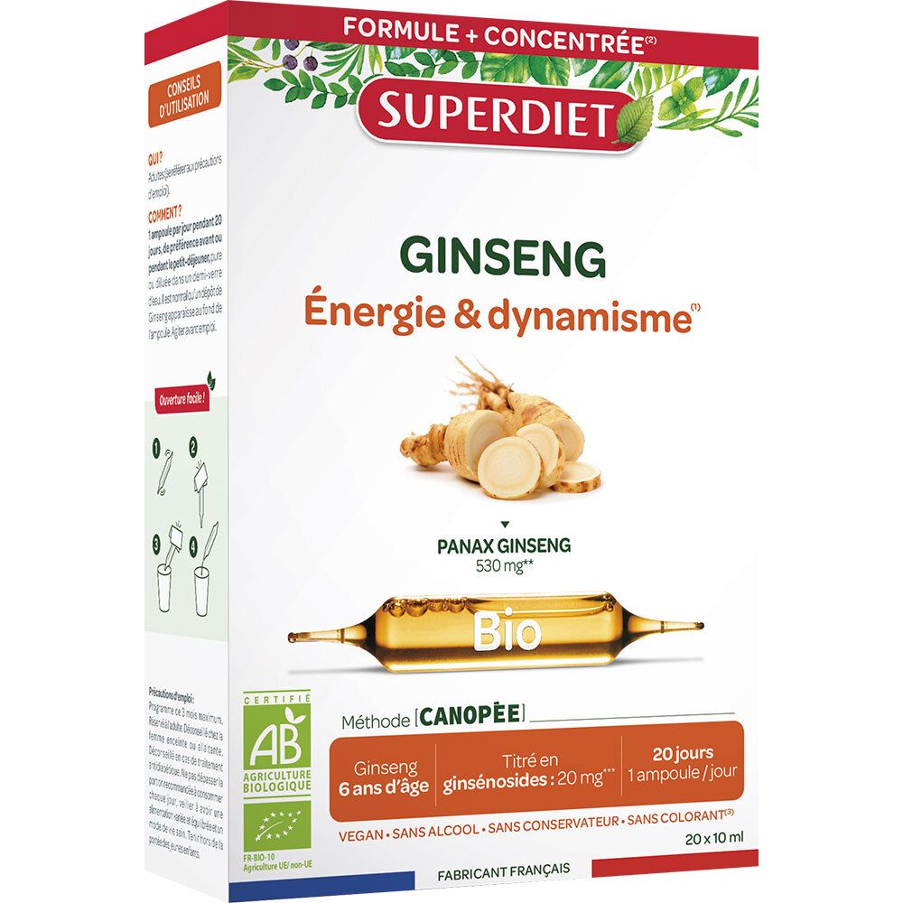 SUPERDIET – GINSENG BIO – 20 ampoules de 10 ml 20 pc(s) Ampoule(S) Buvable(S)