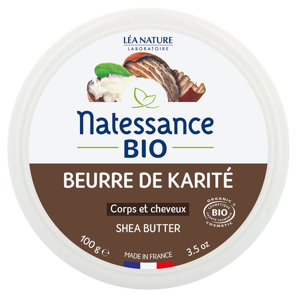 Natessance Beurre de Karité Bio 100 % Pur Sans Parfum Visage Corps Cheveux 100 g Baume