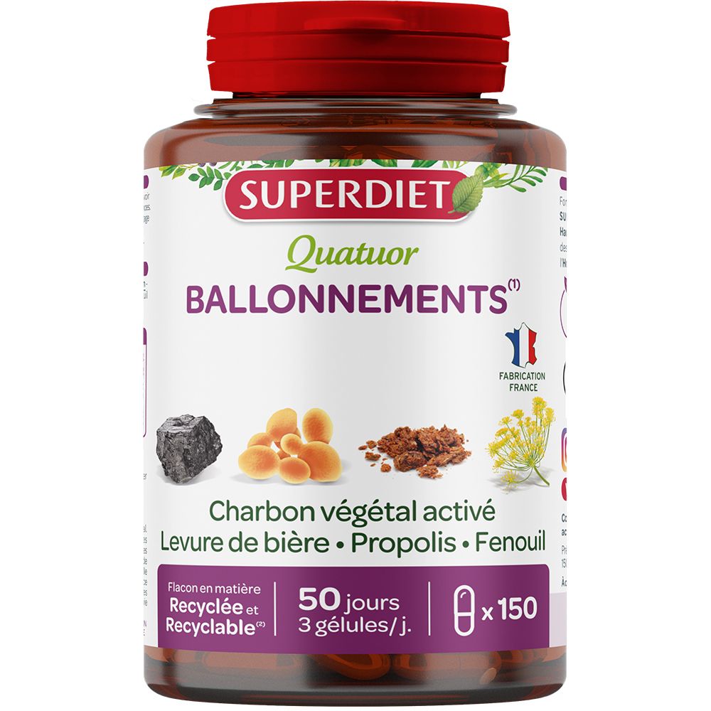 Superdiet Quatuor Ballonnements - Charbon, Fenouil, Propolis, Levure 10% avec le code: 926CE Capsule(S) 150 pc(s)