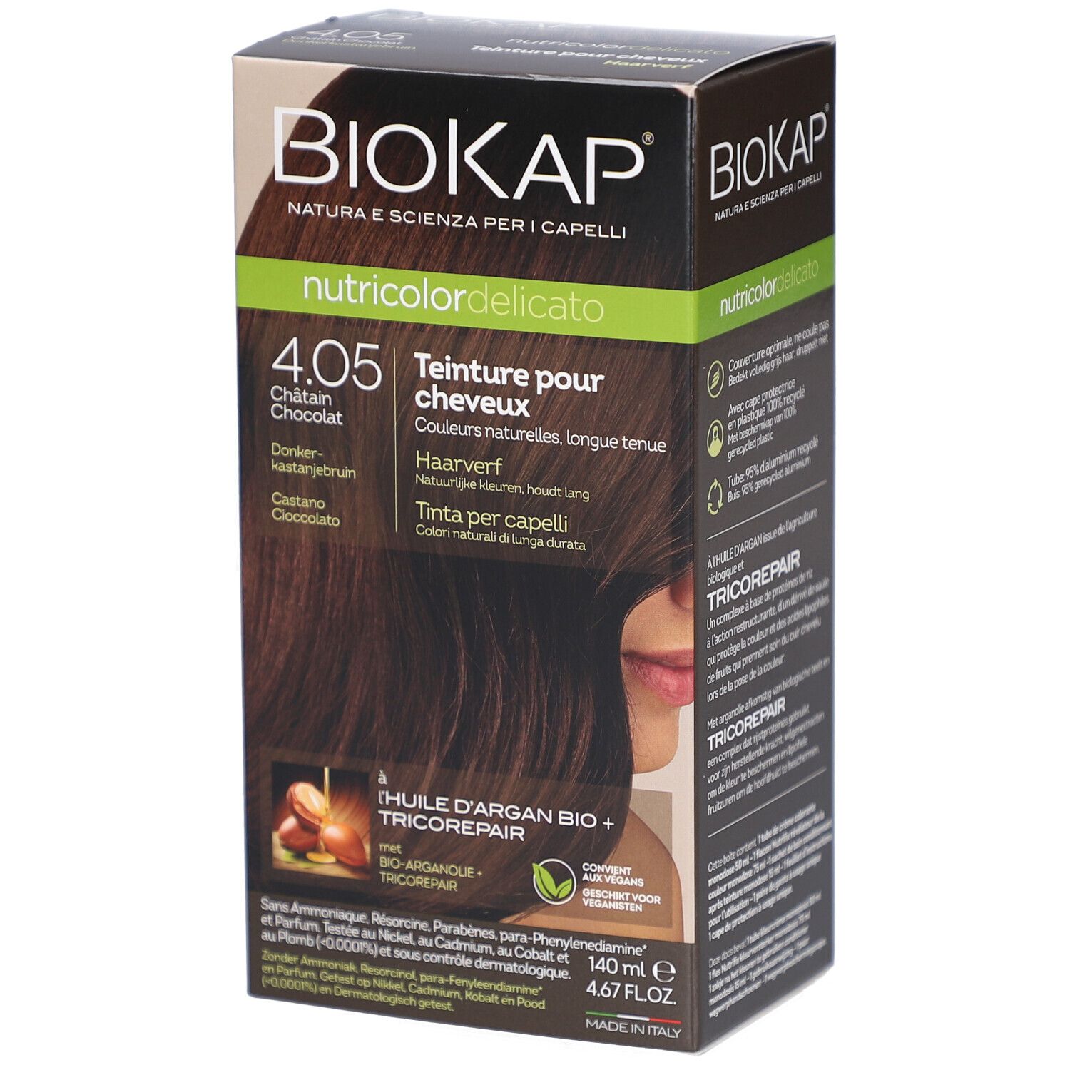 Biokap Nutricolordelicato Teinture Pour Cheveux 4.05 Châtain Chocolat Teinture(S) 140 Ml