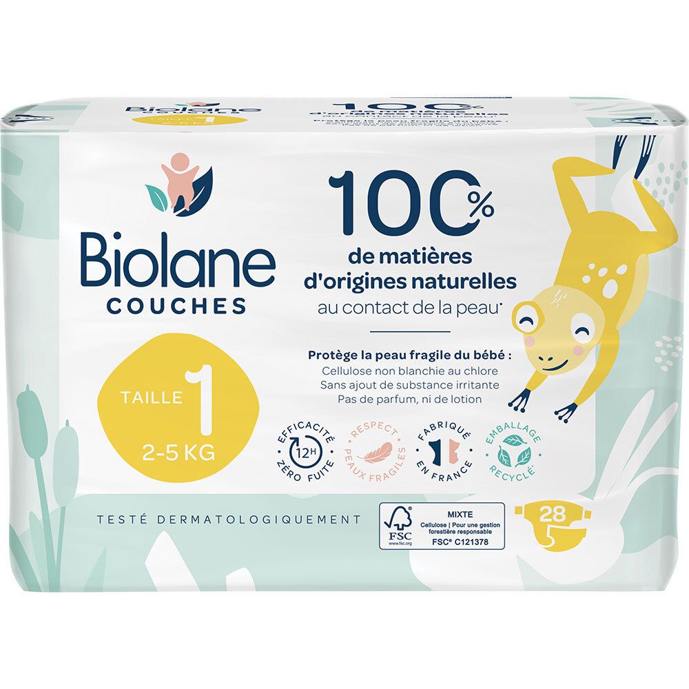 Biolane - Couches Naturelles Taille 1 Ultra-Absorbant Pas de Fuite 28 unités Bandage(S) pc(s)