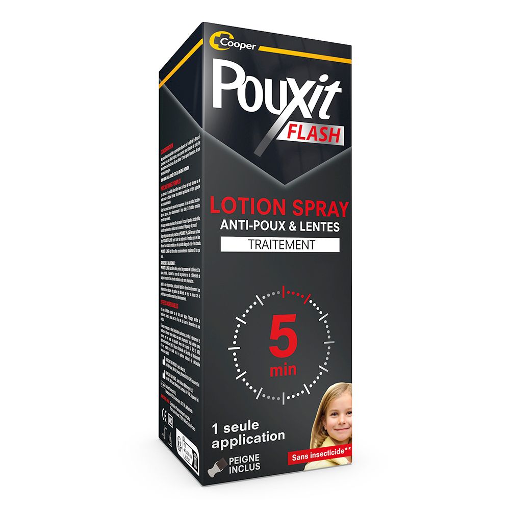 POUXIT - Flash - Lotion spray anti-poux et lentes - 100% Efficace - Agit en 1 application de 5 minutes seulement - Rinçage facilité - Traitement du 