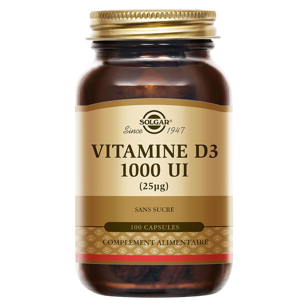 Solgar Vitamine D 1000 UI - Défenses Immunitaires - Os/Cartilages - 100 capsules 100 pc(s) Capsule(S) Douce(S)