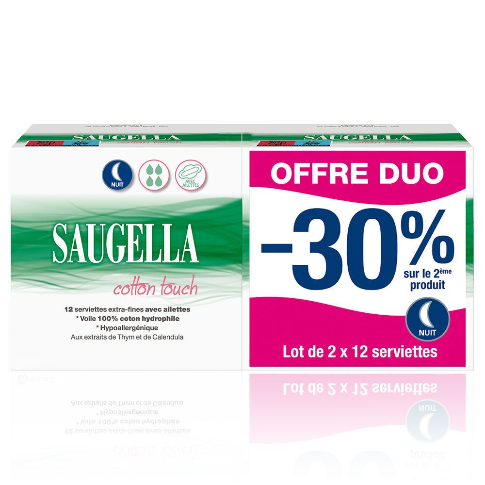 Saugella - Cotton Touch - Serviettes Hygiéniques de Nuit - Extra-Fines et Hypoallergéniques avec Ailettes - Très Absorbantes - Pack de 12 X2 1