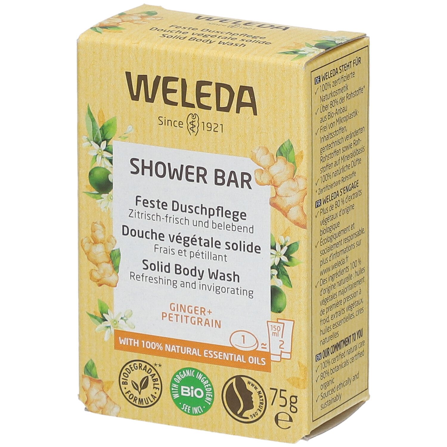 WELEDA Bio Douche Végétale Solide Gingembre & Petit Grain 75 g Savon