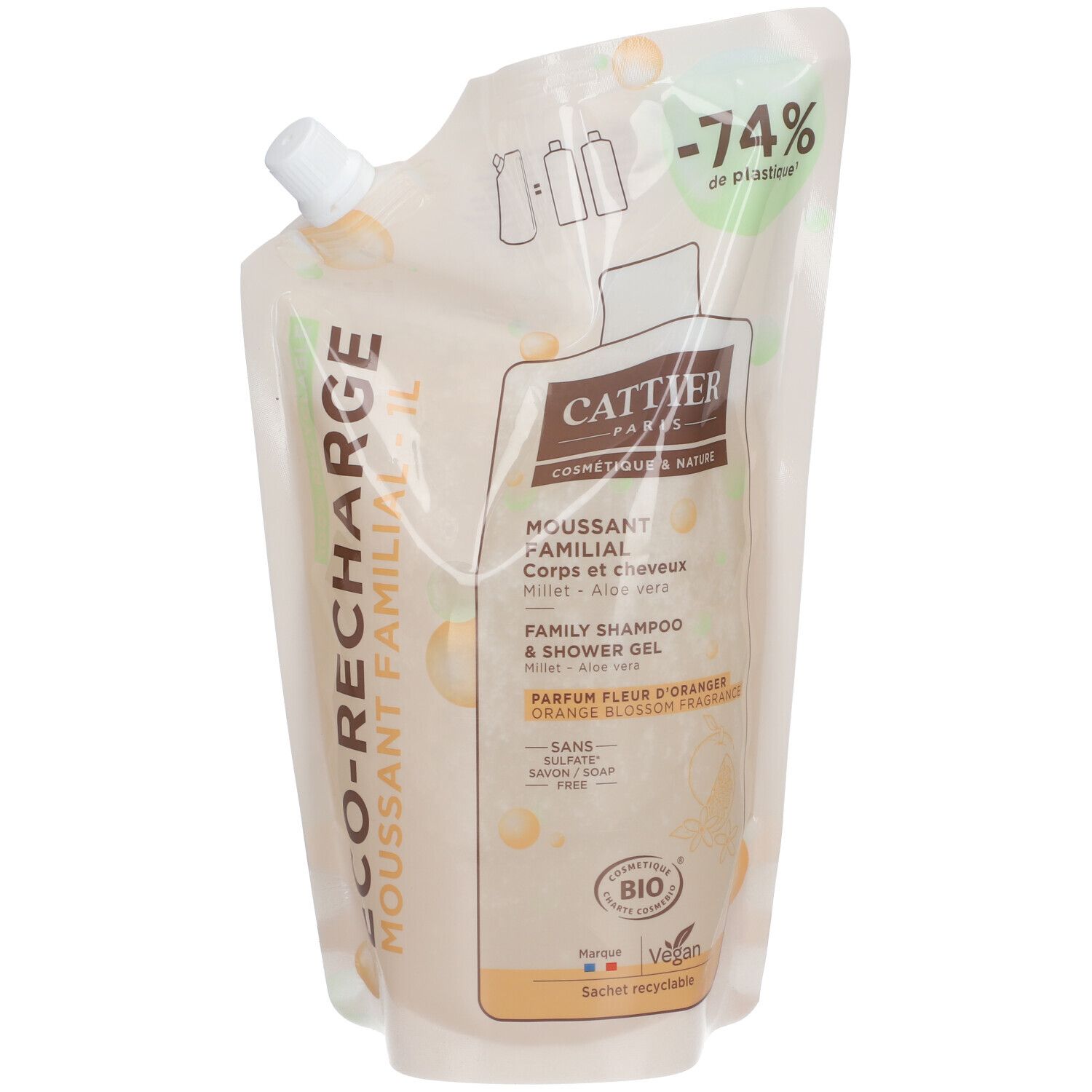 CATTIER Moussant familial sans sulfates Bio Éco-recharge Mousse(S) 1000 ml