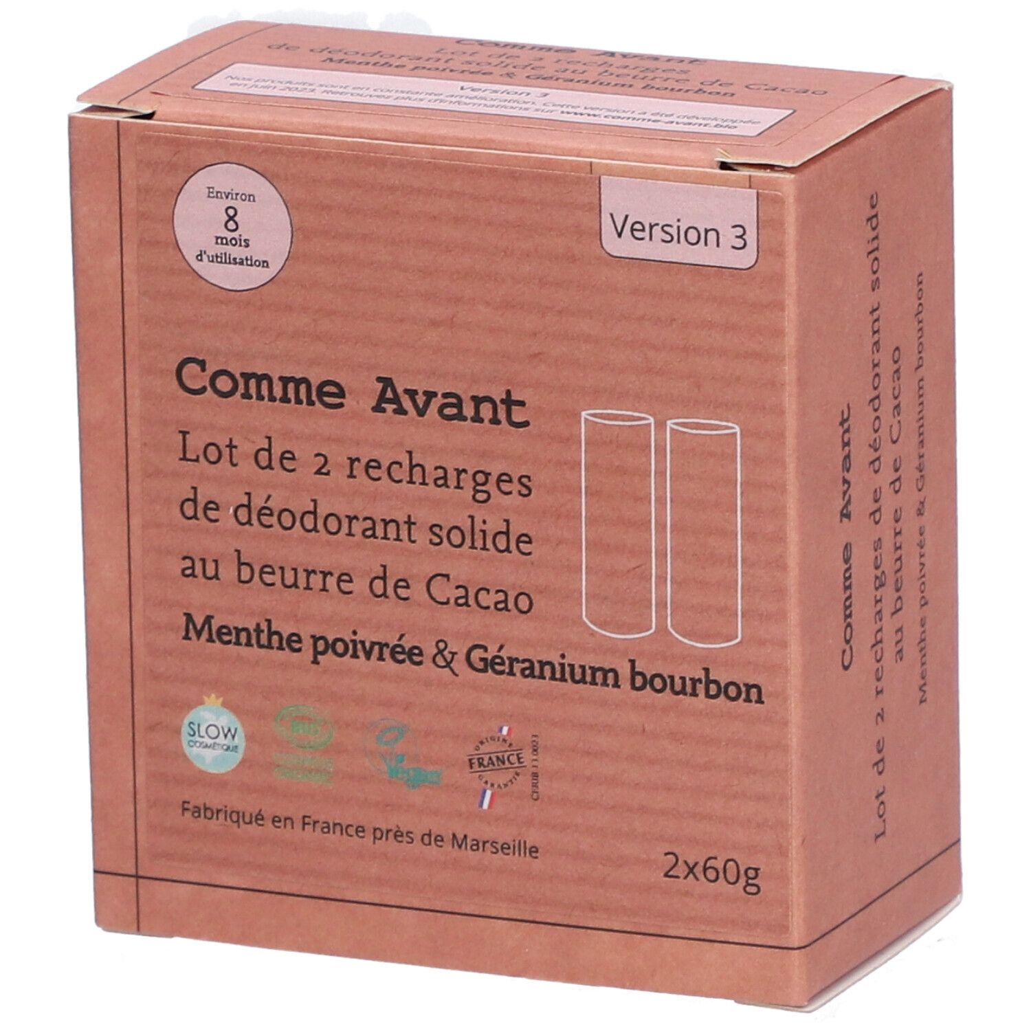 Comme Avant® recharge de déodorant solide bio - Menthe poivrée & géranium bourbon 2x60 g