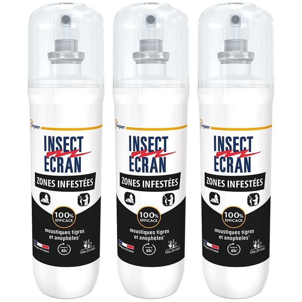 INSECT ÉCRAN Zones Infestées Répulsif Anti-Moustiques Peau Adultes & Enfants 100 ml 3x100 ml Spray