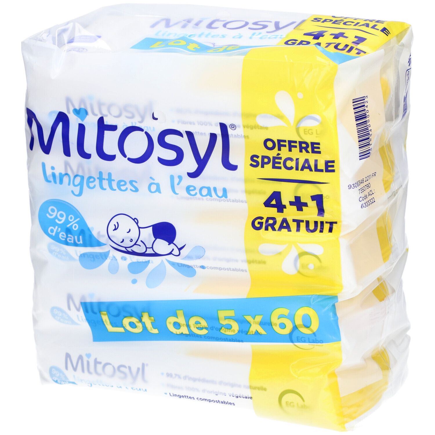 Mitosyl pour change bébé Lingettes à l'eau, Offre spéciale 4 + 1 gratuit - Lot de 5x60 1 pc(s) Lingette(S)