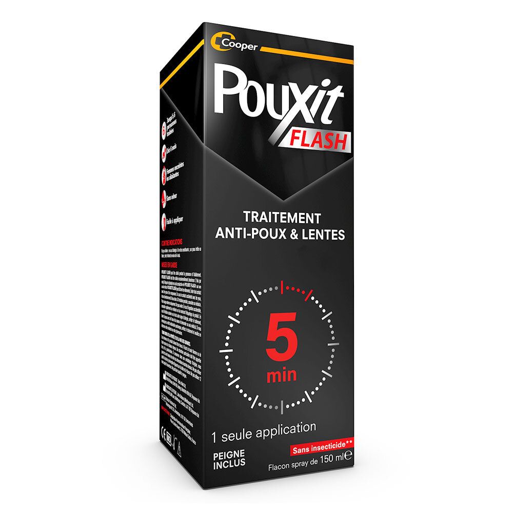 POUXIT - Flash Lotion spray anti-poux et lentes 100% Efficace Agit en 1 application de 5 minutes seulement Rinçage facilité Traitement du cuir chevelu Lot 2 x 150 ml -15% sur le second flacon Solution(S) 300
