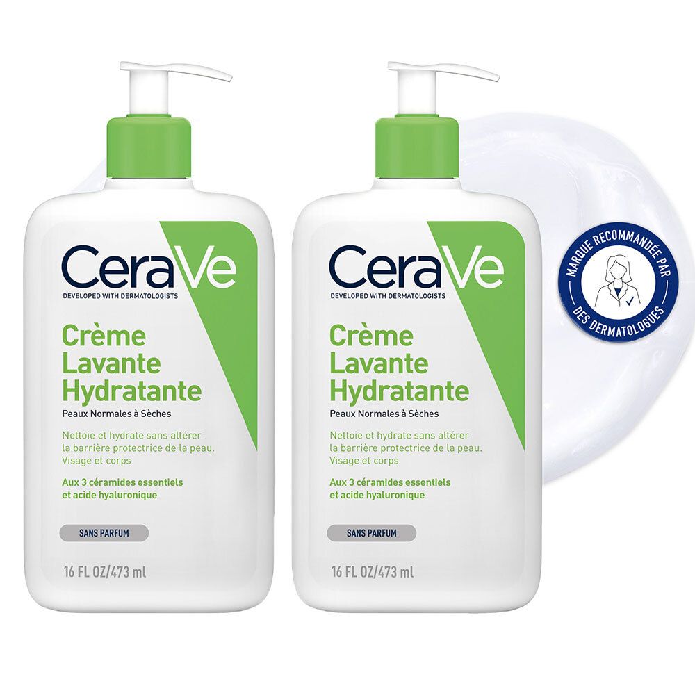 CeraVe Crème Lavante Hydratante visage et corps pour les peaux sèches à très sèches 473 ml 2x473 ml Crème