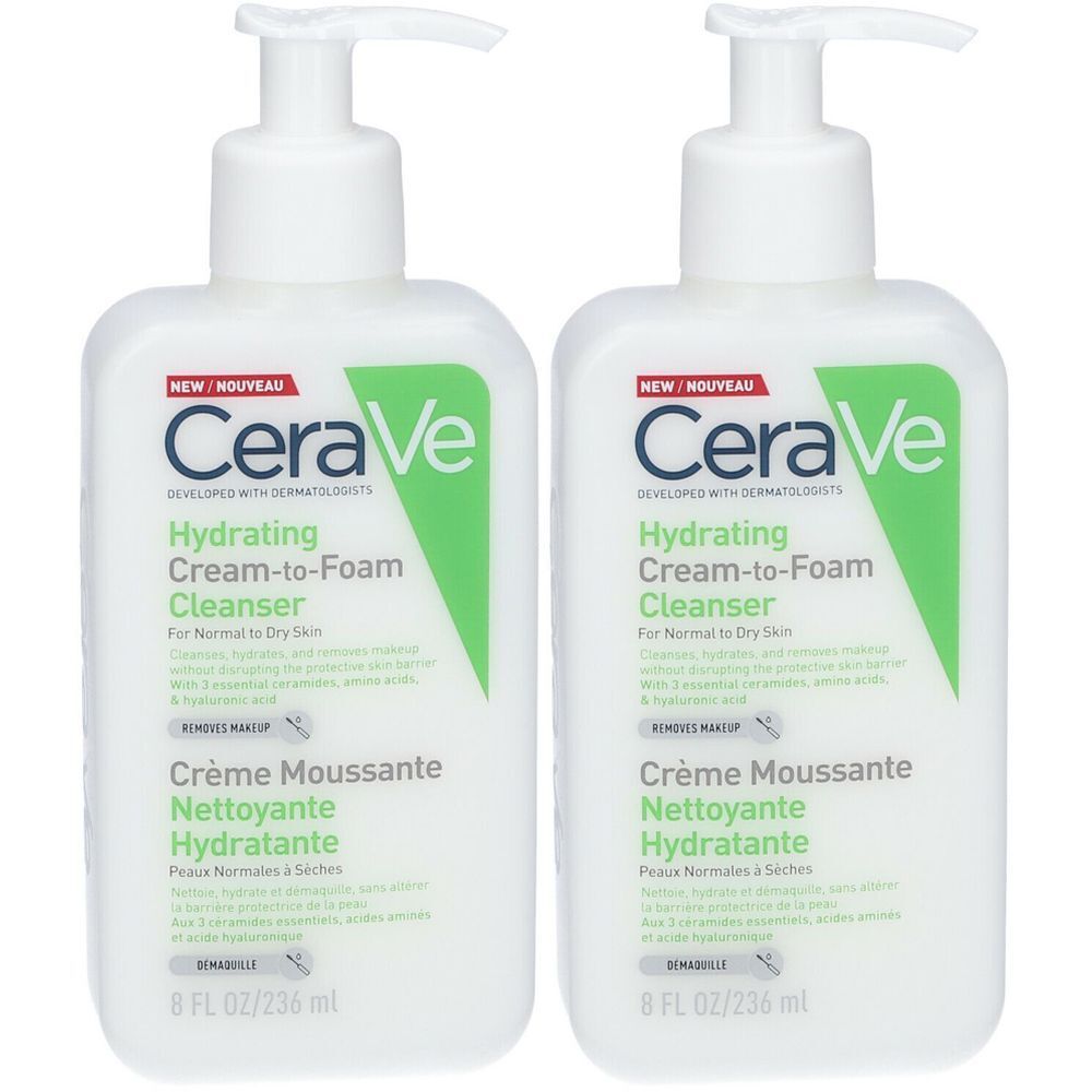 CeraVe Crème Moussante Nettoyante Hydratante Visage pour les Peaux Normales à Sèches 236ml 2x236 ml Crème