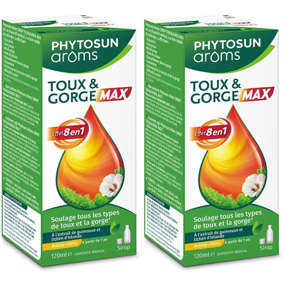 Phytosun Aroms Sirop Toux & Gorge MAX - Effet 8 en 1 - Toux sèche, Toux grasse, Mal de gorge 2x120 ml Sirop