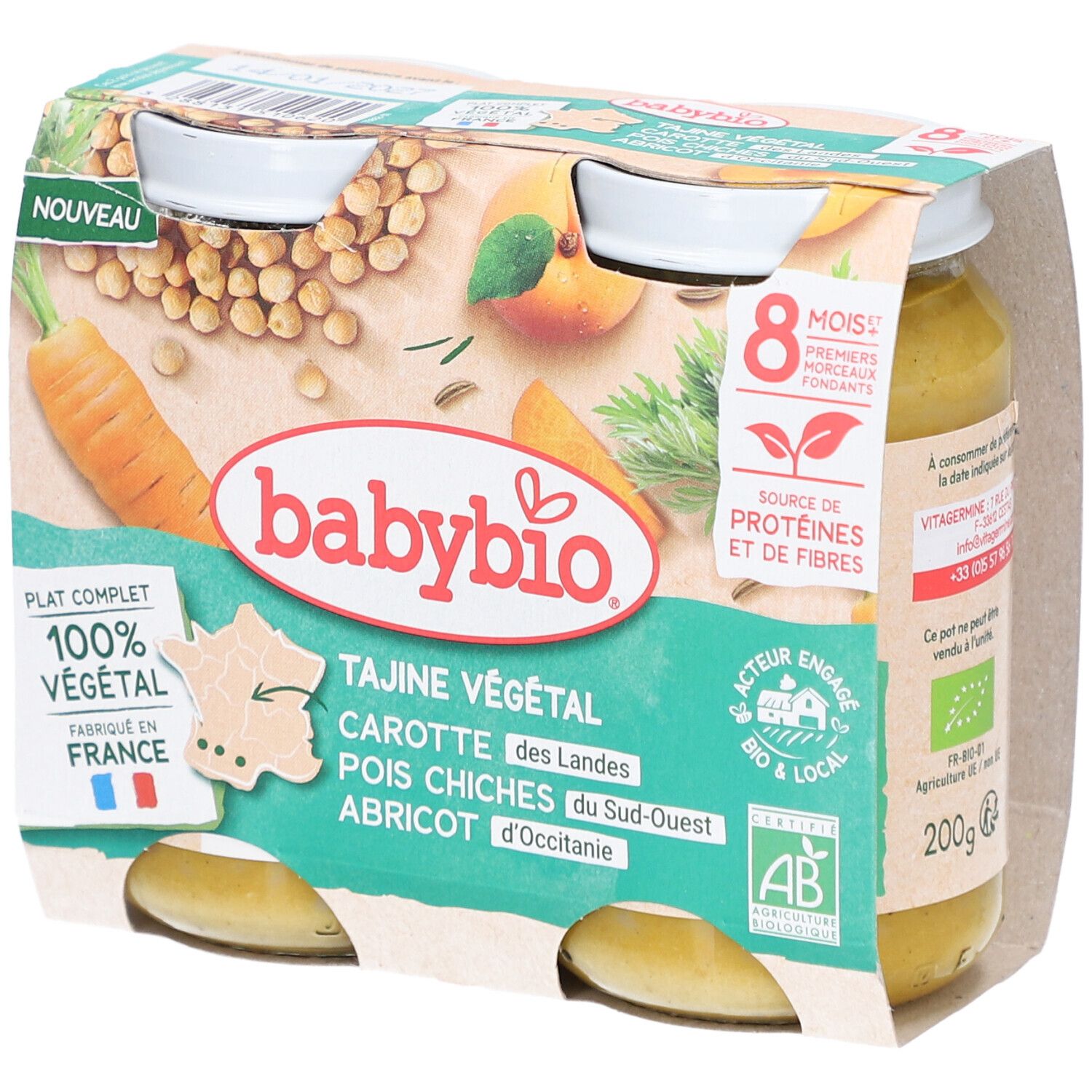 BABYBIO Tajine Végétal Carotte Pois Chiches Abricot 400 g