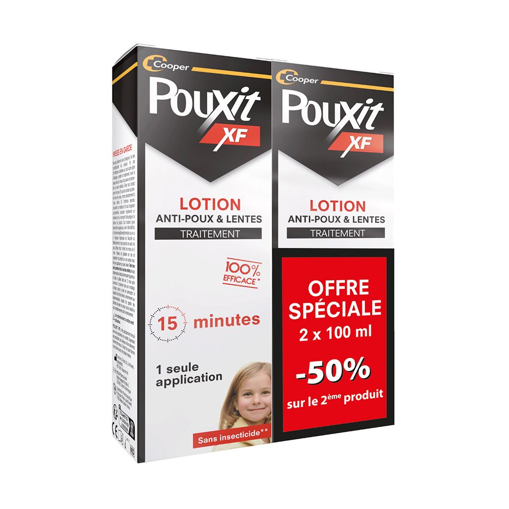 POUXIT - XF - Lotion anti-poux et lentes - 100% Efficace - Agit en 1 seule application de 15 minutes - Traitement du cuir chevelu - Lot de 2 - 2 x 100