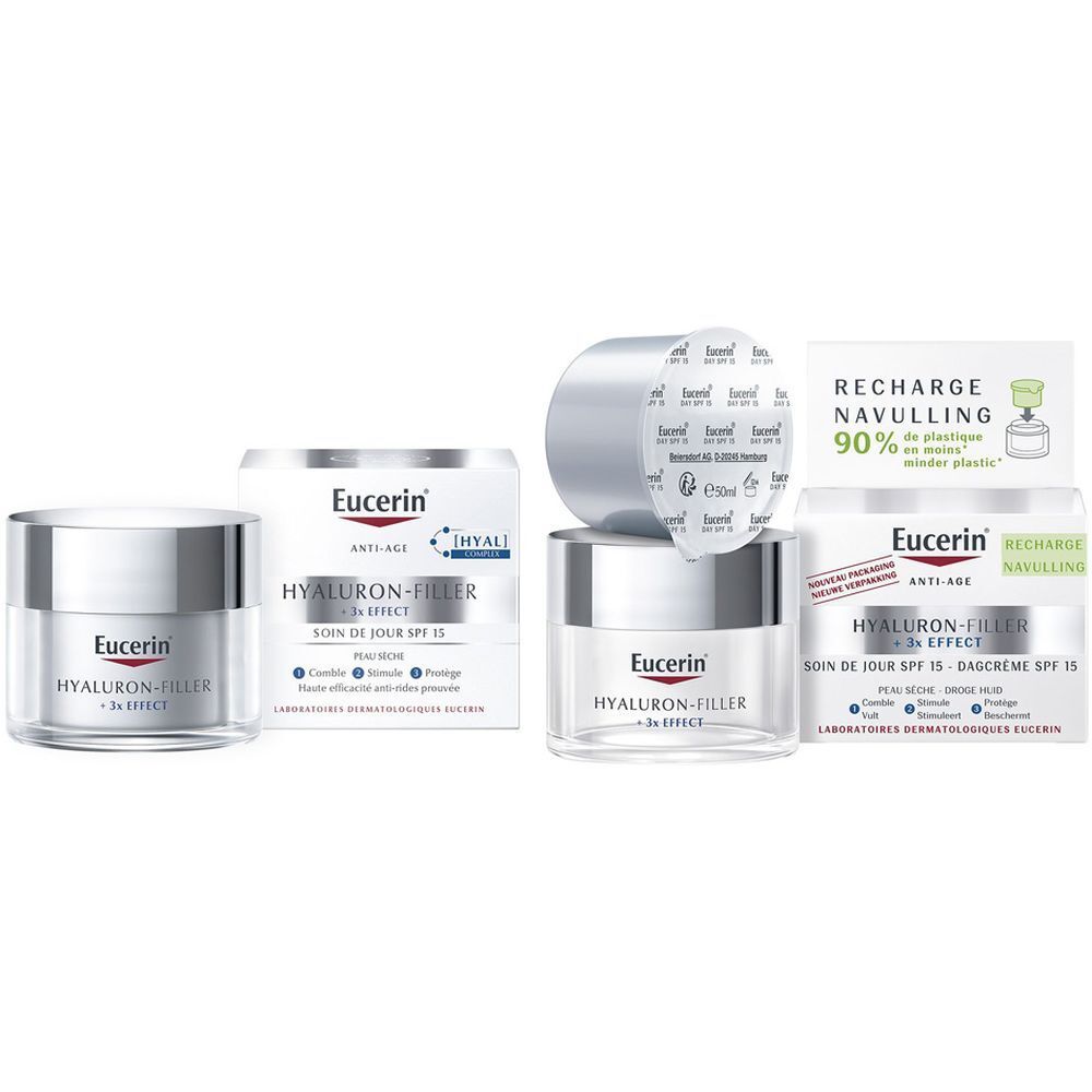 Set Eucerin HYALURON-FILLER + 3x EFFECT Soin de Jour SPF 15 Anti-Âge + EUCERIN Anti-Age Recharge Hyualuron-Filler + 3 x Effet Soin de jour SPF15 2x50 