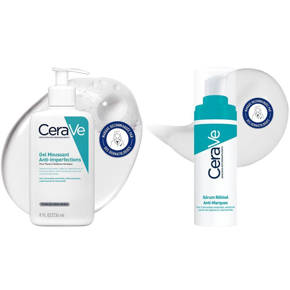 Set Gel Moussant Anti-imperfections à l'Acide Salicylique et aux 3 Céramides Essentiels + Sérum Rétinol Anti-Marques enrichi au Rétinol pour peaux à 