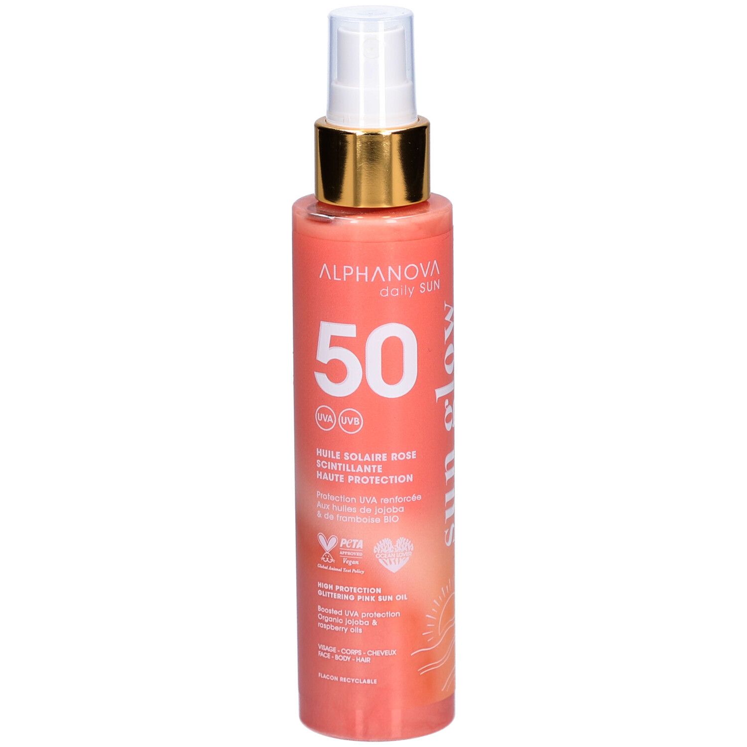 Alphanova Huile solaire rose scintillante SPF50 aux huiles bio 125 ml Huile