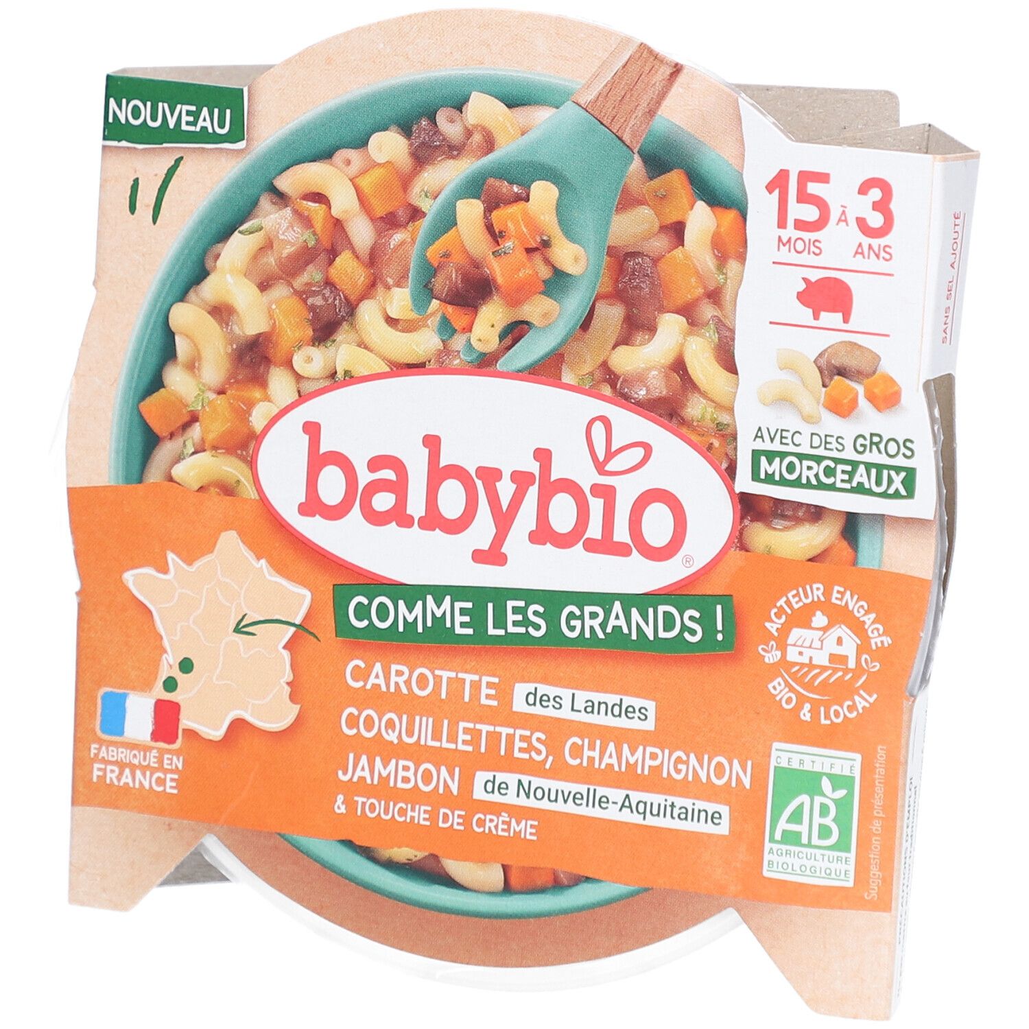 BABYBIO Coquillettes Carotte Champignon Jambon 200 g