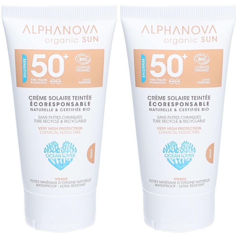Alphanova CRÈME SOLAIRE TEINTÉE CLAIRE CERTIFIÉE BIO SPF 50+ Maquillage 2x50 g
