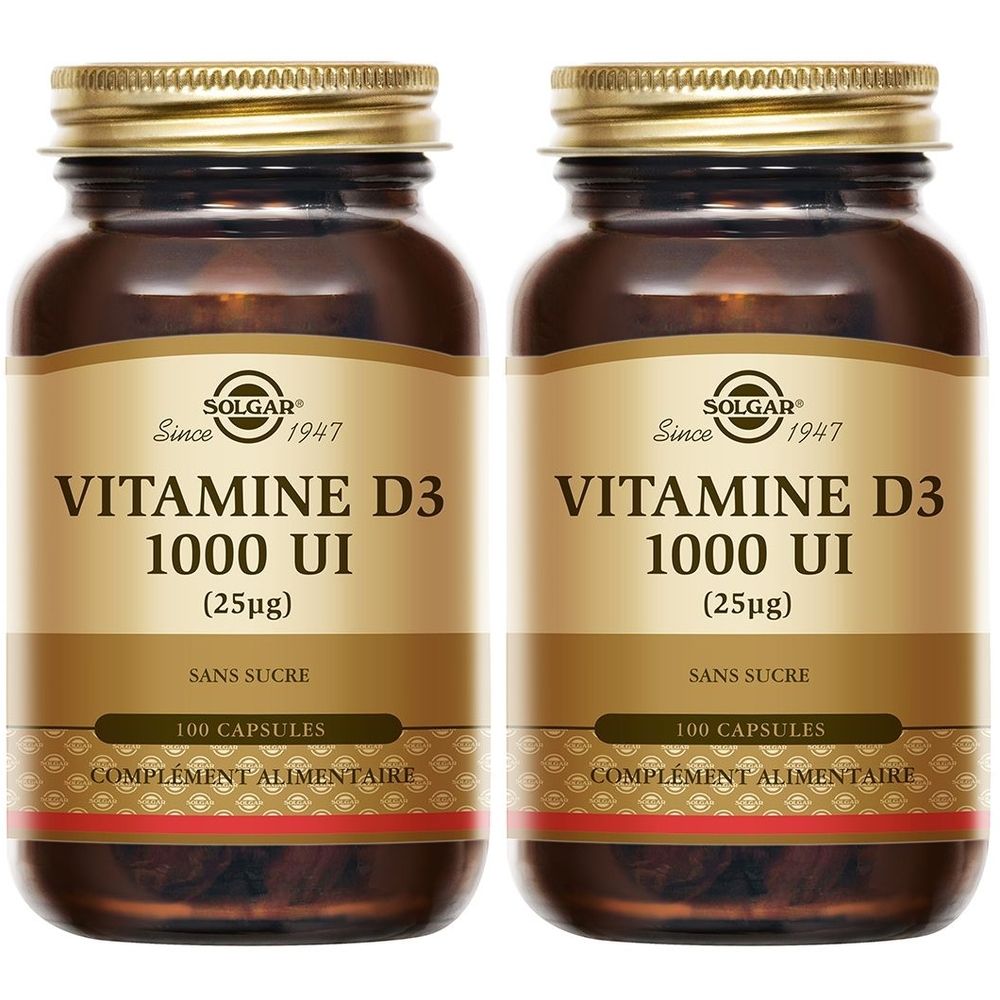 Solgar Vitamine D 1000 UI - Défenses Immunitaires - Os/Cartilages - 100 capsules 2x100 pc(s) Capsule(S) Douce(S)