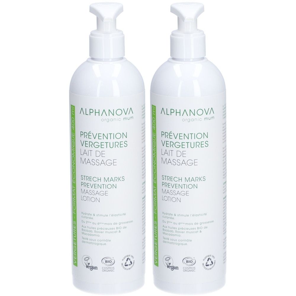 Alphanova LAIT DE MASSAGE PRÉVENTION VERGETURES | ALPHANOVA ORGANIC MUM Lait 2x400 ml
