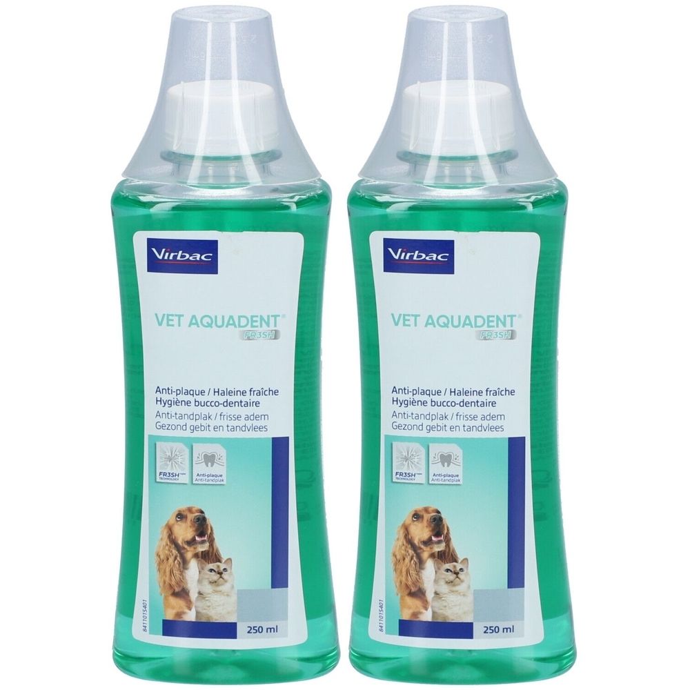 Virbac Vet Aquadent Fresh Hygiène bucco-dentaire pour chats et chiens 2x250 ml Bain De Bouche
