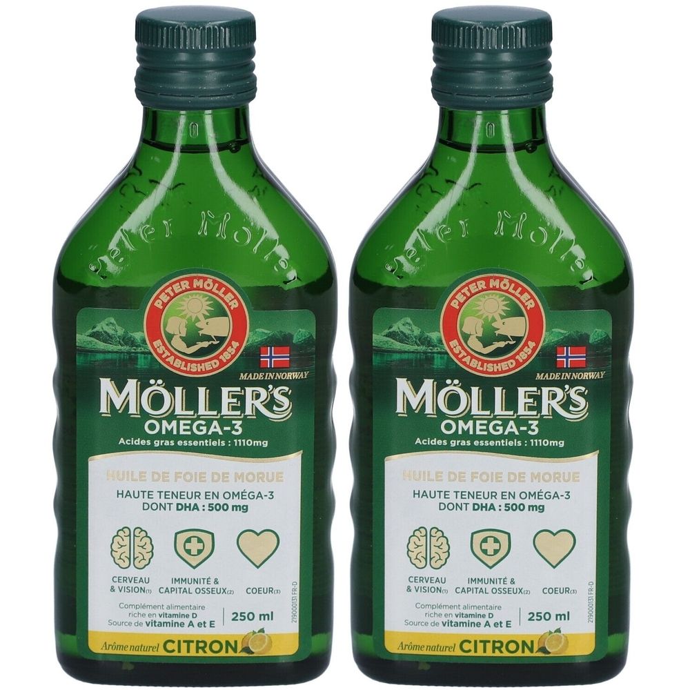Möller's Omega-3 Huile de Foie de Morue Arôme Citron 2x250 ml Huile