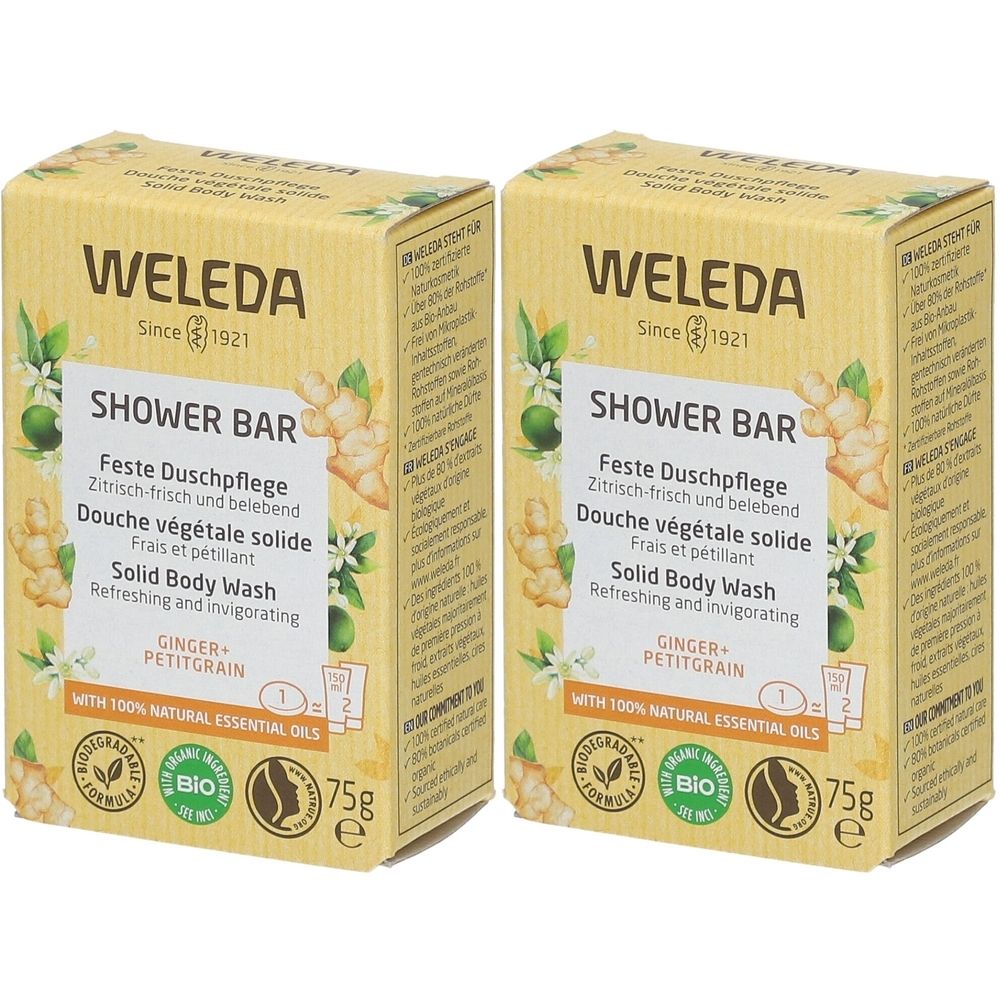 WELEDA Bio Douche Végétale Solide Gingembre & Petit Grain 2x75 g Savon