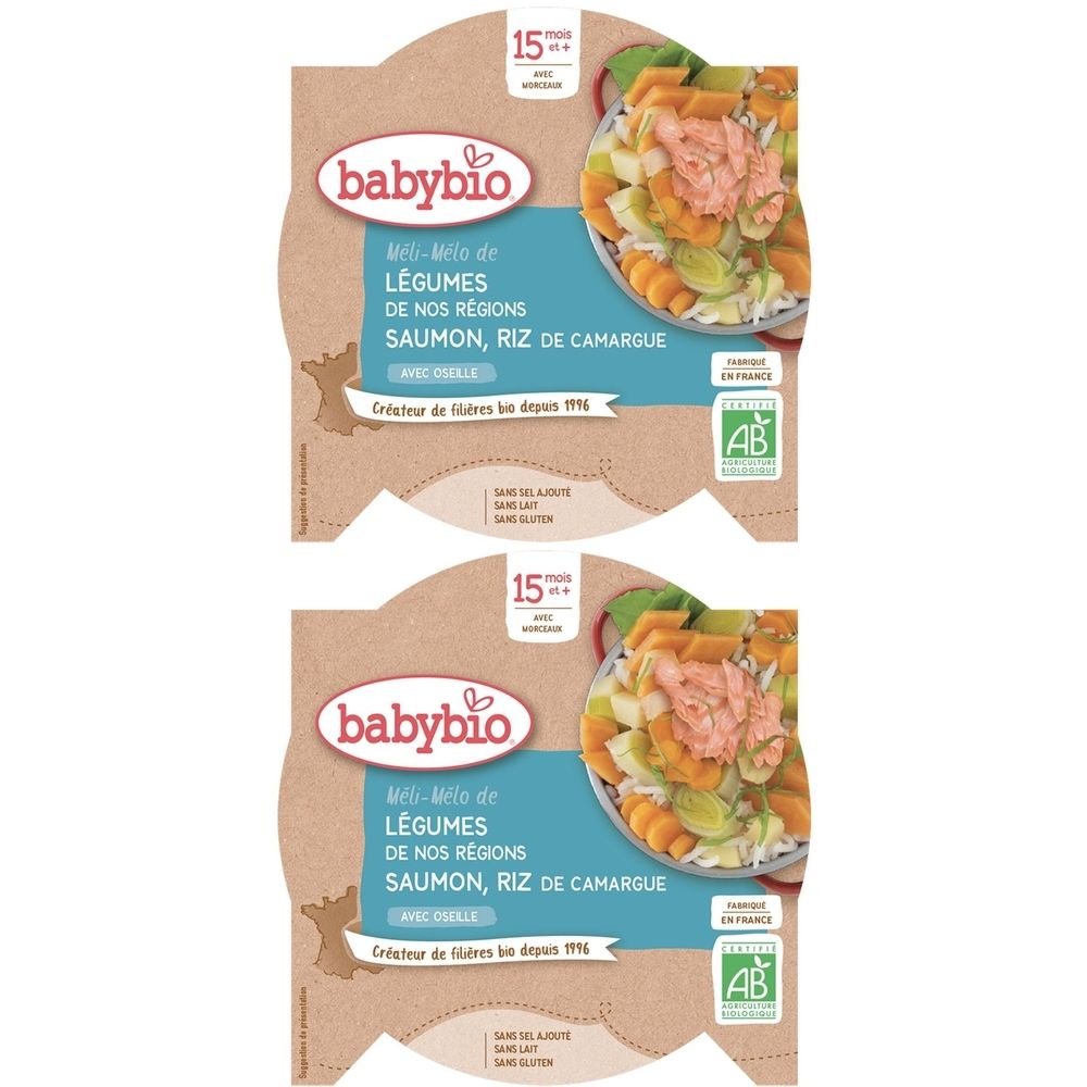 Babybio MÉLI-MÉLO DE LÉGUMES NOS RÉGIONS SAUMON ET RIZ CAMARGUE À L'OSEILLE dès 15 mois 2x260 g
