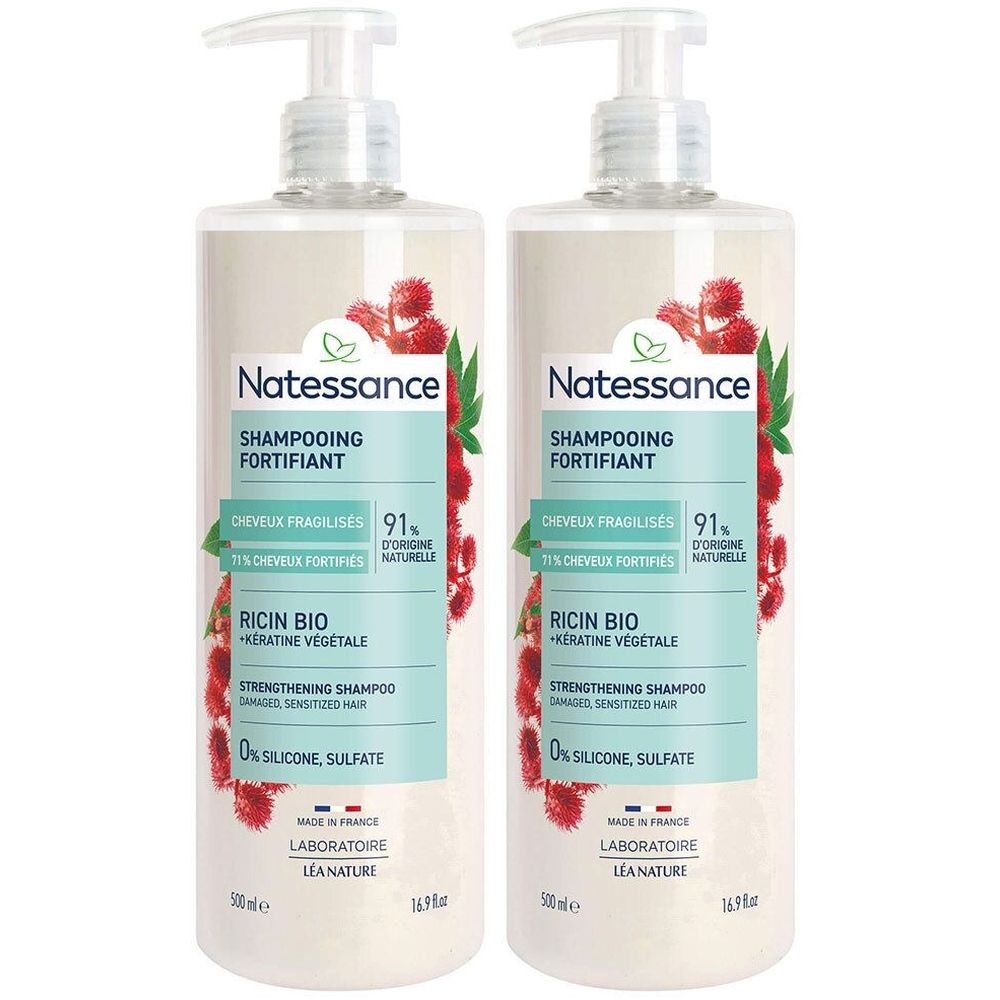 Natessance Shampooing Réparateur Fortifiant à l’Huile de Ricin et Kératine 2x500 ml Shampooing