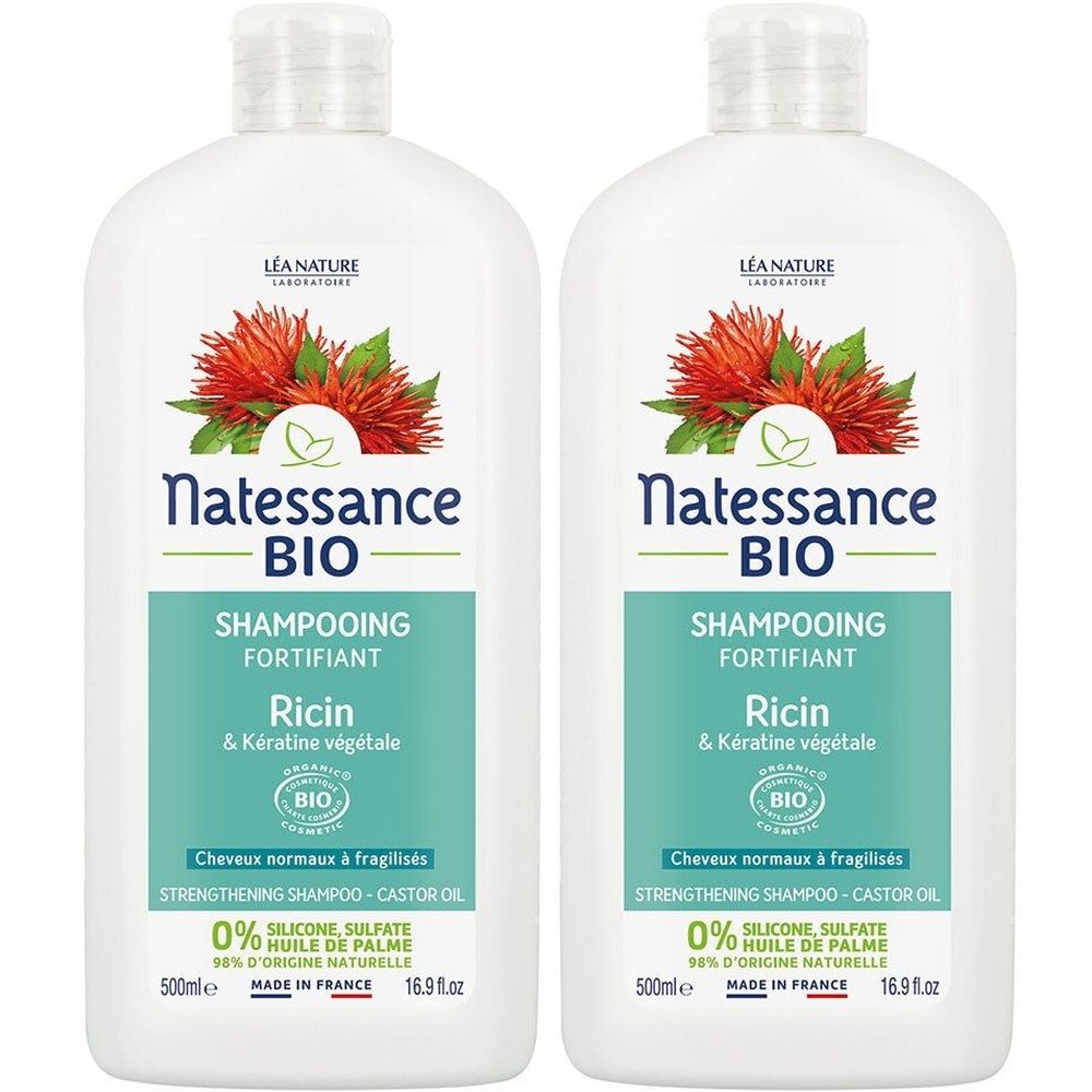 Natessance Shampooing Fortifiant à l’Huile de Ricin et Kératine Végétale 2x500 ml Shampooing