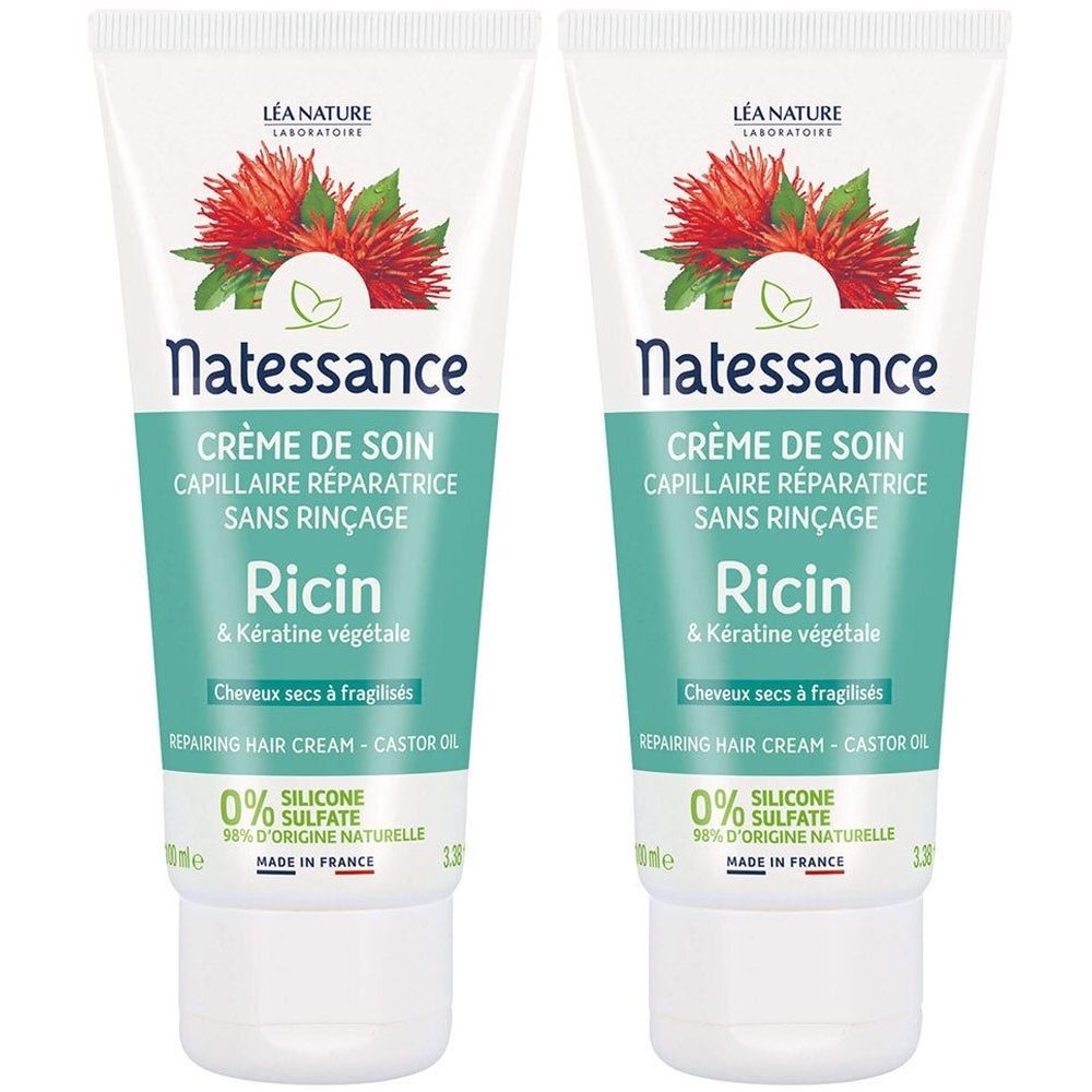 Natessance Crème Soin Sans Rinçage Ricin et Kératine Végétale Cheveux Abîmés 2x100 ml Mousse(S)
