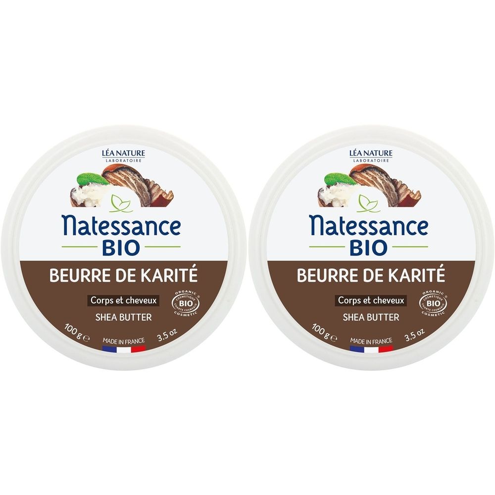 Natessance Beurre de Karité Bio 100 % Pur Sans Parfum Visage Corps Cheveux 2x100 g Baume