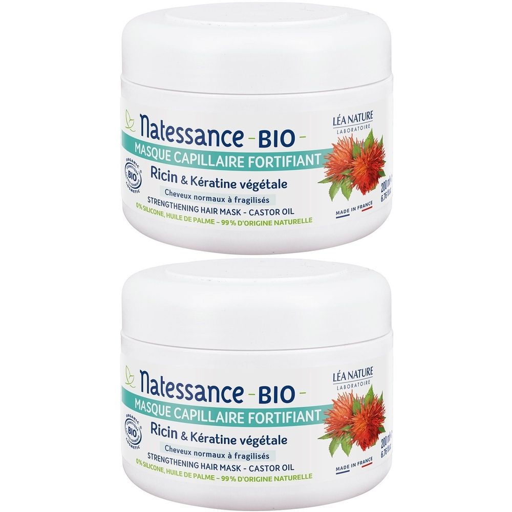 Natessance Masque Capillaire Fortifiant Ricin Bio et Kératine Végétale 2x200 ml Crème