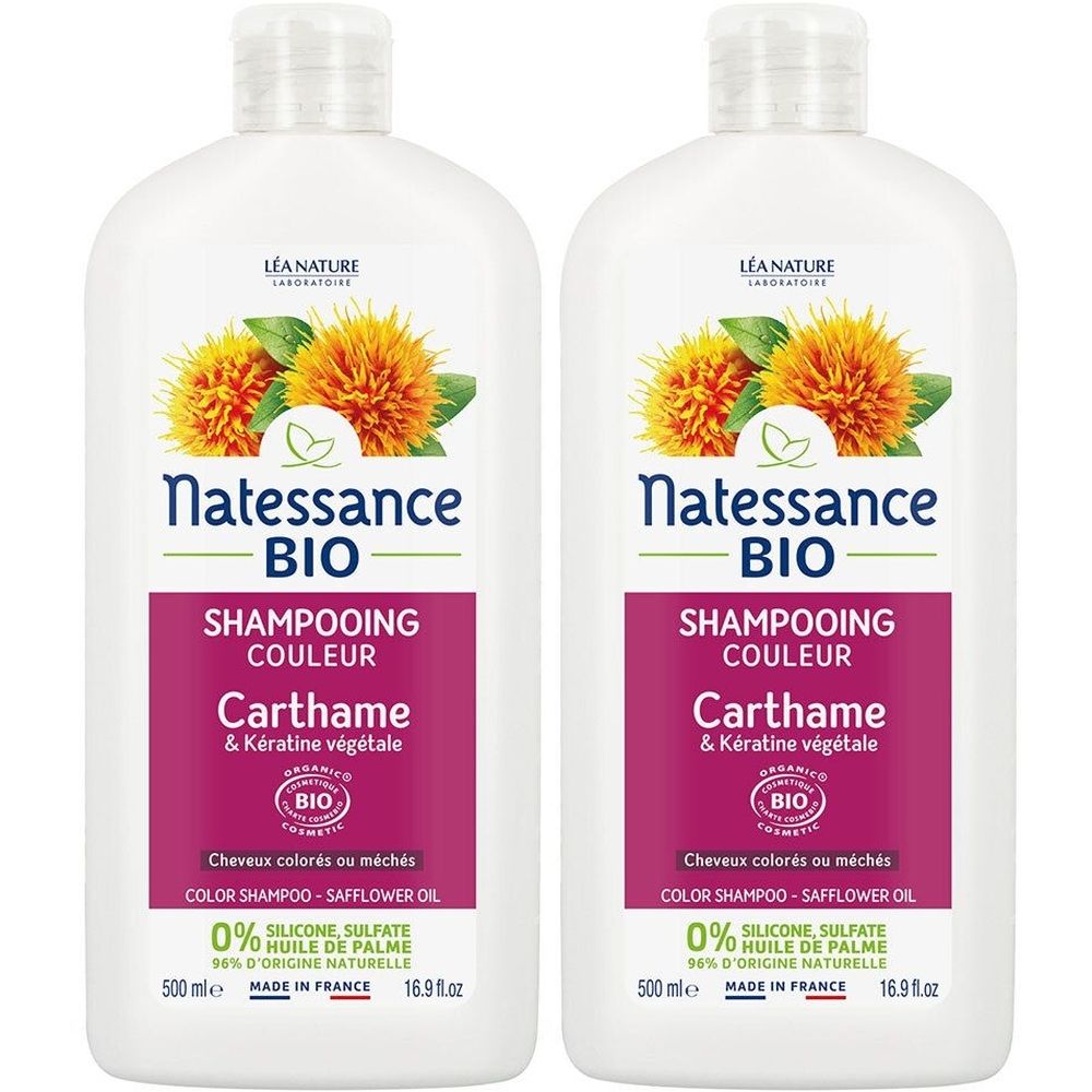 Natessance Shampooing Couleur Bio Carthame et Kératine Végétale Cheveux Colorés 2x500 ml Shampooing