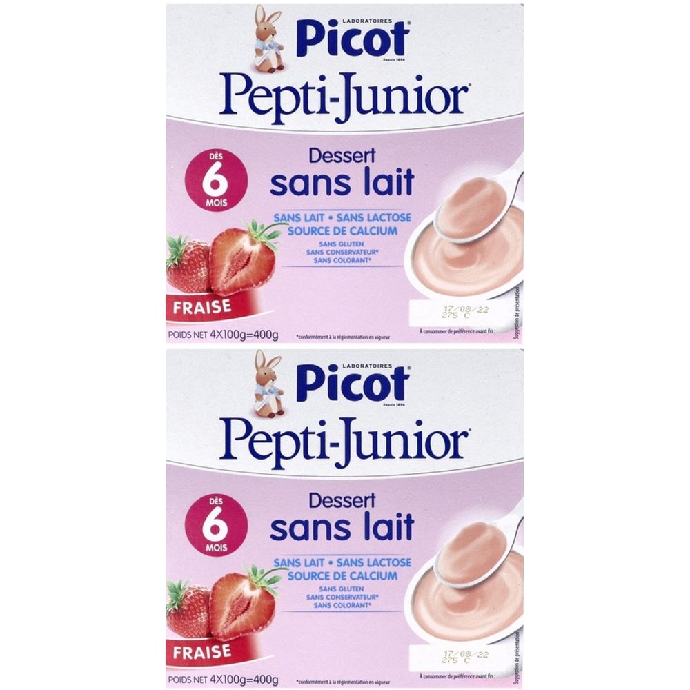 Picot Pepti Junior Dessert Sans Lait – Crème dessert fraise dès 6 mois 2x4x100 g