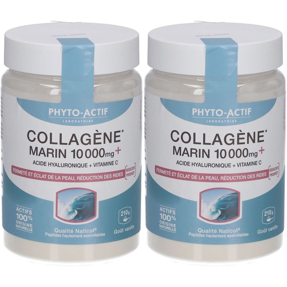 PHYTO-ACTIF Collagène Marin 10 000 mg + Acide Hyaluronique + Vitamine C 2x210 g Poudre Pour La Préparation D'Une Solution
