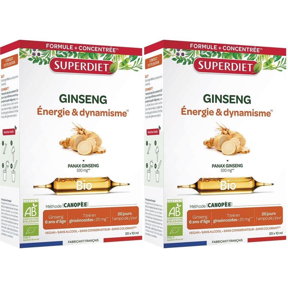 SUPERDIET – GINSENG BIO – 20 ampoules de 10 ml 2x20 pc(s) Ampoule(S) Buvable(S)