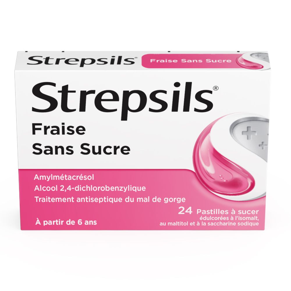 Strepsils Fraise Sans Sucre - Traitement Antiseptique du Mal de Gorge - À partir de 6 ans 24 pc(s) Comprimé(S) À Sucer