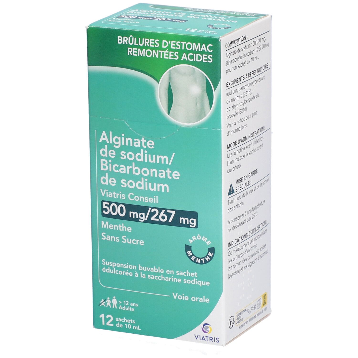 Alginate/Bicar de Sodium Mylan Conseil 500 mg/267 mg s/s 12 pc(s) Suspension(S) Buvable(S)