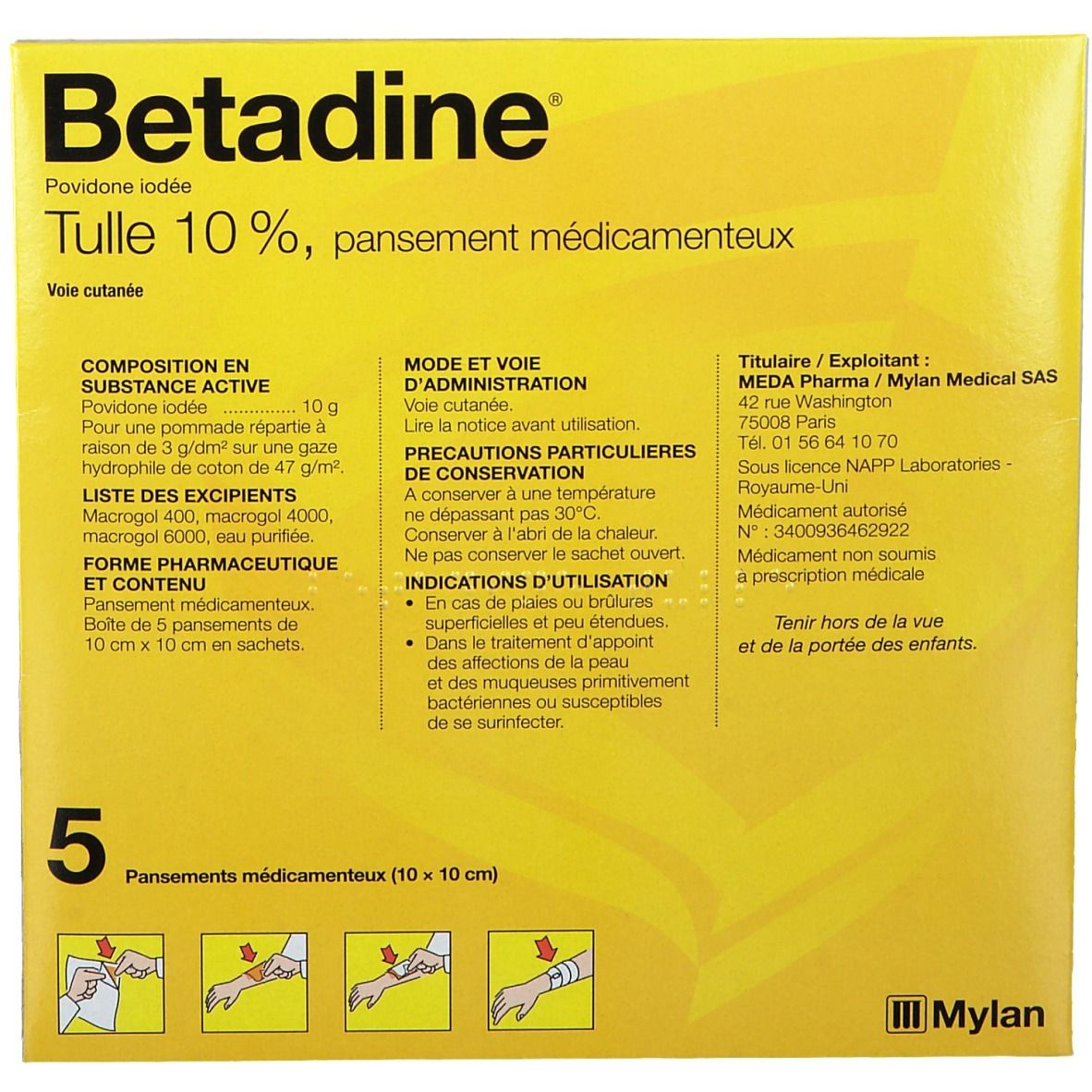 Bétadine - Tulle 10% - plaies ou brûlures superficielles et peu étendues - 5 pansements médicamentaux 5 pc(s) Compresses